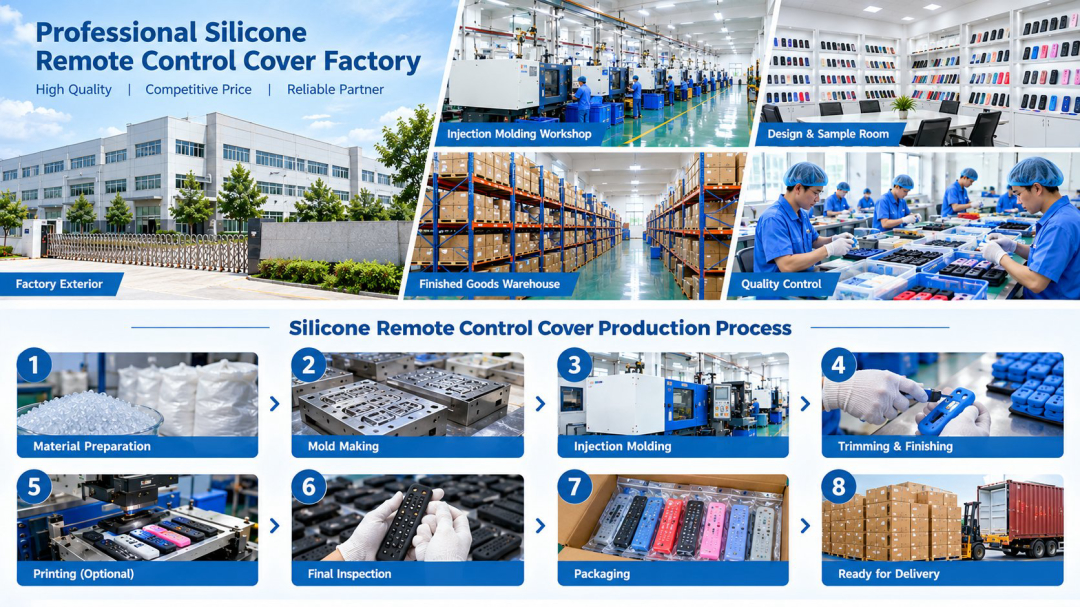 Inside our silicone remote control cover factory: mold tooling, compression molding, quality inspection and retail packaging lines